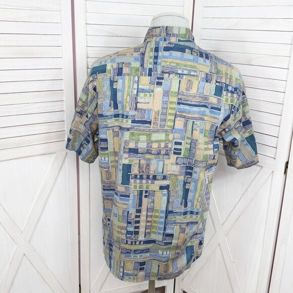 Tori Richard Geometric Print Button Up Camp Hawaiian Shirt Blue Green Tan Medium - Picture 4 of 11